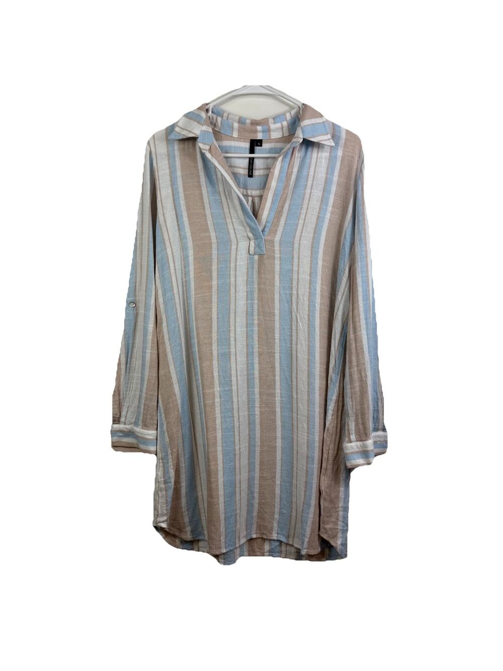 Striped Linen Blend Kay Celine Popover Shirt Dress Small Coastal Beach Preppy
